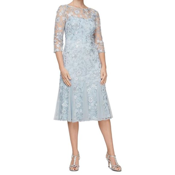 Alex Evenings Women's Sequined Bodice Midi Dress Blue Size 14